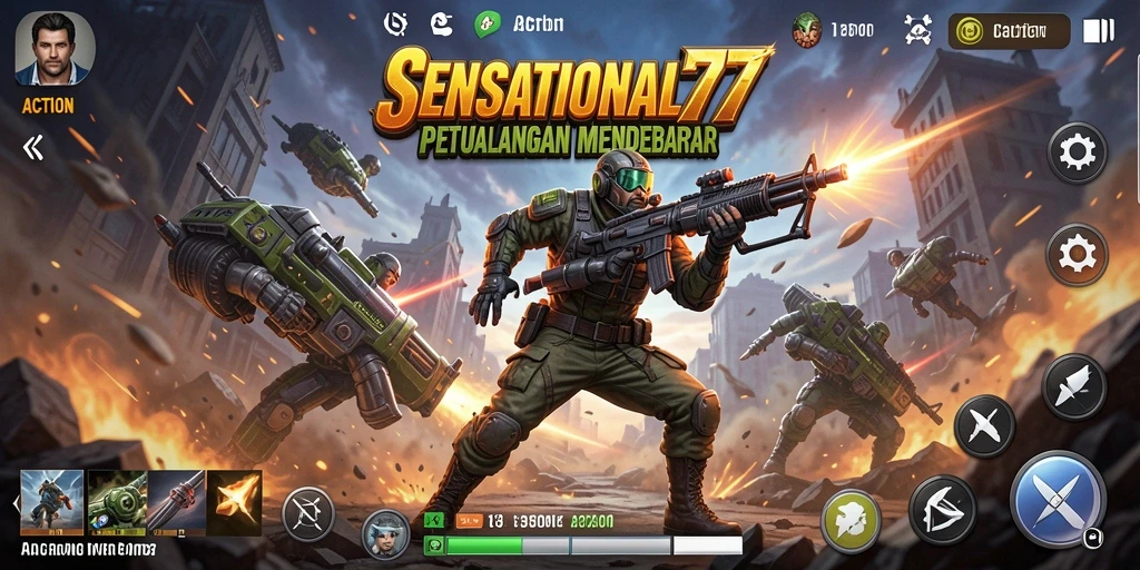 Tampilan antarmuka SENSATIONAL77 yang dinamis dan penuh aksi.